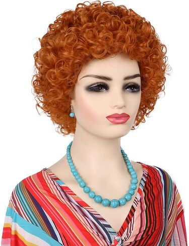 Red Orange Wig + Pink Sunglasses + Rainbow Necklace + Earrings + Bracelets + Wig Cap for Women Costume Short Curly Reddish Wigs for Cosplay Halloween Party or Fun（6pcs Set） in Kuwait