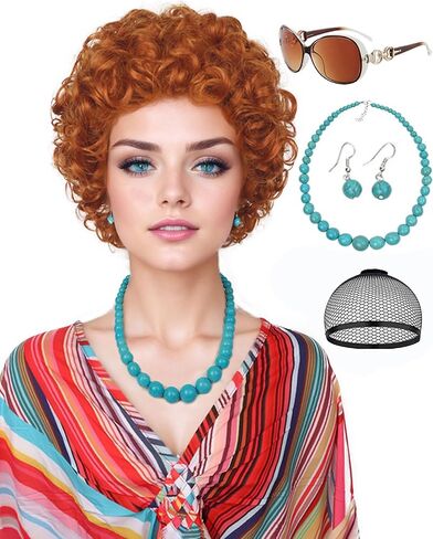 Red Orange Wig + Pink Sunglasses + Rainbow Necklace + Earrings + Bracelets + Wig Cap for Women Costume Short Curly Reddish Wigs for Cosplay Halloween Party or Fun（6pcs Set） in Kuwait