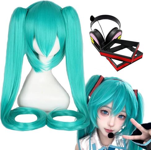 Women Wig Women Singer Wig Adult with Headphones Hair Band Set (Green) in Saudi Arabia