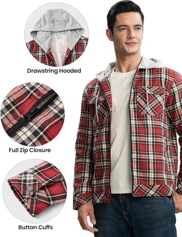 Rdruko Men's Flannel Shirt Jacket Fleece Lined Plaid Zip Up Winter Warm Coat with Hood in Saudi Arabia