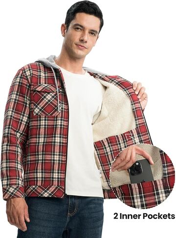 Rdruko Men's Flannel Shirt Jacket Fleece Lined Plaid Zip Up Winter Warm Coat with Hood in Saudi Arabia