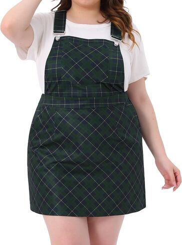 Agnes Orinda Plus Size Overall Dress for Women Vintage Plaid Printed Adjustable Straps Pinafore Dresses Suspender Skirts in Saudi Arabia