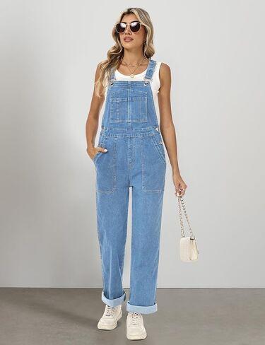 Denim Overalls for Women Straight Leg Adjustable Strap Jean Bib Overalls Casual Stretch Denim Jumpsuit with Pockets in Saudi Arabia