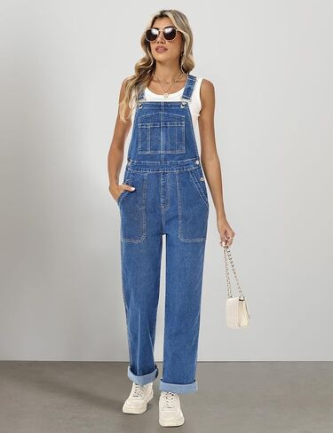 Denim Overalls for Women Straight Leg Adjustable Strap Jean Bib Overalls Casual Stretch Denim Jumpsuit with Pockets in Saudi Arabia