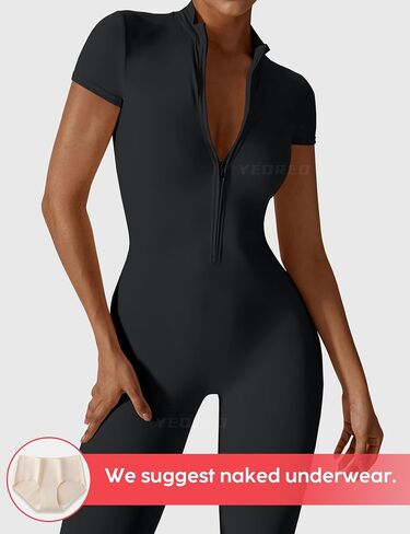 YEOREO Women Short Sleeve Workout Jumpsuit Zip Up Romper Bottom Pants Bodysuit Bodycon Sexy One Piece Blue XL in Saudi Arabia