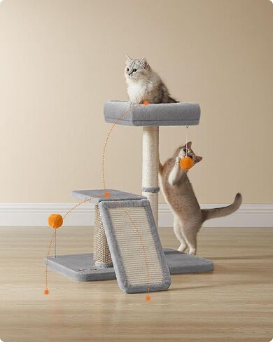 Feandrea Cat Scratching Post with Bed, Multifunctional Cat Scratcher with Perch, Rotatable Ramp, Self-Groomer, Pompoms, Small Cat Tree for Indoor Cats, Dark Gray UPCA024G02 in Kuwait