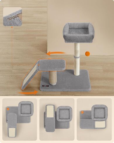 Feandrea Cat Scratching Post with Bed, Multifunctional Cat Scratcher with Perch, Rotatable Ramp, Self-Groomer, Pompoms, Small Cat Tree for Indoor Cats, Dark Gray UPCA024G02 in Kuwait