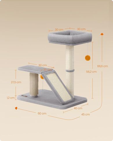 Feandrea Cat Scratching Post with Bed, Multifunctional Cat Scratcher with Perch, Rotatable Ramp, Self-Groomer, Pompoms, Small Cat Tree for Indoor Cats, Dark Gray UPCA024G02 in Kuwait