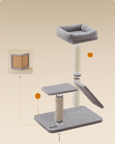 Feandrea Cat Scratching Post with Bed, Multifunctional Cat Scratcher with Perch, Rotatable Ramp, Self-Groomer, Pompoms, Small Cat Tree for Indoor Cats, Dark Gray UPCA024G02 in Kuwait