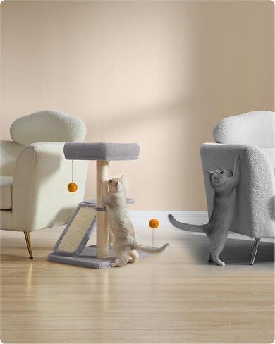 Feandrea Cat Scratching Post with Bed, Multifunctional Cat Scratcher with Perch, Rotatable Ramp, Self-Groomer, Pompoms, Small Cat Tree for Indoor Cats, Dark Gray UPCA024G02 in Kuwait