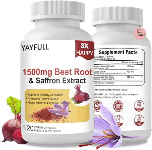 مكملات Saffron 1300mg مع جذر البنجر العضوي و Ashwagandha - 100 ملغ من مستخلص الزعفران لدعم المزاج ، والطاقة والتركيز - كبسولات الزعفران النقية ، النباتي ، غير المعدلة وراثيا ، 120 عدد in Kuwait