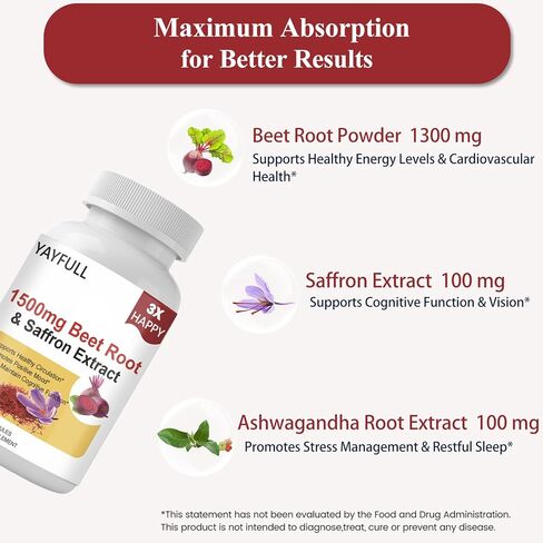 مكملات Saffron 1300mg مع جذر البنجر العضوي و Ashwagandha - 100 ملغ من مستخلص الزعفران لدعم المزاج ، والطاقة والتركيز - كبسولات الزعفران النقية ، النباتي ، غير المعدلة وراثيا ، 120 عدد in Kuwait