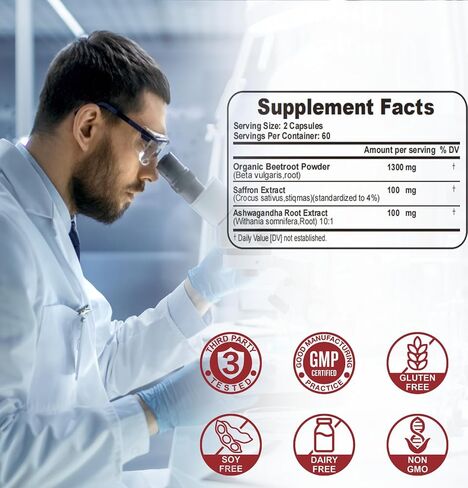 مكملات Saffron 1300mg مع جذر البنجر العضوي و Ashwagandha - 100 ملغ من مستخلص الزعفران لدعم المزاج ، والطاقة والتركيز - كبسولات الزعفران النقية ، النباتي ، غير المعدلة وراثيا ، 120 عدد in Kuwait