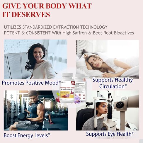مكملات Saffron 1300mg مع جذر البنجر العضوي و Ashwagandha - 100 ملغ من مستخلص الزعفران لدعم المزاج ، والطاقة والتركيز - كبسولات الزعفران النقية ، النباتي ، غير المعدلة وراثيا ، 120 عدد in Kuwait