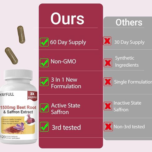 مكملات Saffron 1300mg مع جذر البنجر العضوي و Ashwagandha - 100 ملغ من مستخلص الزعفران لدعم المزاج ، والطاقة والتركيز - كبسولات الزعفران النقية ، النباتي ، غير المعدلة وراثيا ، 120 عدد in Kuwait