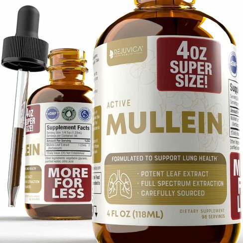 Rejuvica Health Active Mullein 4oz XL Super Size - مستخلص سائل Mullein المتقدم - قطرات دعم الرئة - صبغة خالية من السكر غير المعدلة وراثيًا in Kuwait