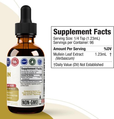Rejuvica Health Active Mullein 4oz XL Super Size - مستخلص سائل Mullein المتقدم - قطرات دعم الرئة - صبغة خالية من السكر غير المعدلة وراثيًا in Kuwait