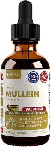 Rejuvica Health Active Mullein 4oz XL Super Size - مستخلص سائل Mullein المتقدم - قطرات دعم الرئة - صبغة خالية من السكر غير المعدلة وراثيًا in Kuwait