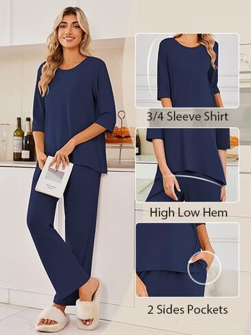 Ekouaer Womens Lounge Sets 2 Piece Pajamas Sets 3/4 Sleeve Tops and Long Pants Soft Pjs Loungewear with Pockets in Saudi Arabia