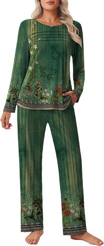 Ekouaer Womens Pajama مجموعات قمم مطوية مع صالة السراويل الطويلة مجموعة الأكمام طويلة السقوط سقوط السيدات PJS S-XXL in Kuwait