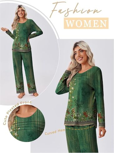 Ekouaer Womens Pajama مجموعات قمم مطوية مع صالة السراويل الطويلة مجموعة الأكمام طويلة السقوط سقوط السيدات PJS S-XXL in Kuwait