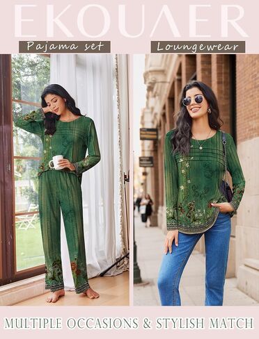 Ekouaer Womens Pajama مجموعات قمم مطوية مع صالة السراويل الطويلة مجموعة الأكمام طويلة السقوط سقوط السيدات PJS S-XXL in Kuwait