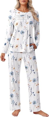 Ekouaer Womens Pajama مجموعات قمم مطوية مع صالة السراويل الطويلة مجموعة الأكمام طويلة السقوط سقوط السيدات PJS S-XXL in Kuwait