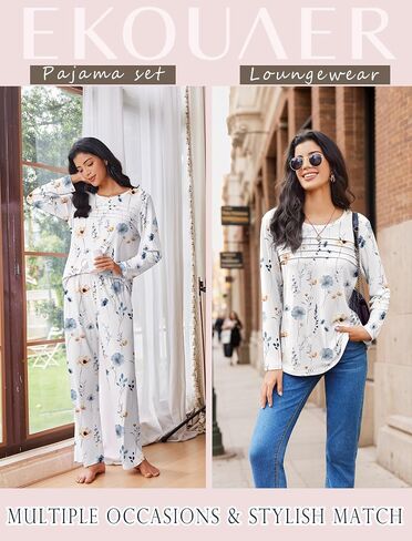 Ekouaer Womens Pajama مجموعات قمم مطوية مع صالة السراويل الطويلة مجموعة الأكمام طويلة السقوط سقوط السيدات PJS S-XXL in Kuwait