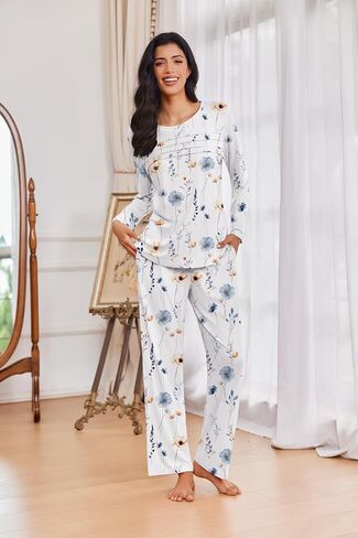 Ekouaer Womens Pajama مجموعات قمم مطوية مع صالة السراويل الطويلة مجموعة الأكمام طويلة السقوط سقوط السيدات PJS S-XXL in Kuwait