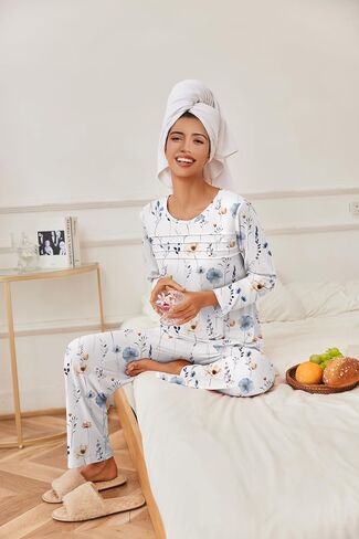 Ekouaer Womens Pajama مجموعات قمم مطوية مع صالة السراويل الطويلة مجموعة الأكمام طويلة السقوط سقوط السيدات PJS S-XXL in Kuwait
