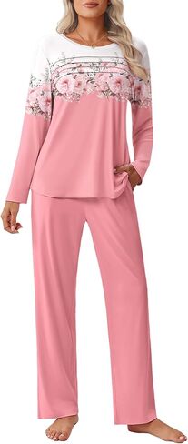 Ekouaer Womens Pajama مجموعات قمم مطوية مع صالة السراويل الطويلة مجموعة الأكمام طويلة السقوط سقوط السيدات PJS S-XXL in Kuwait