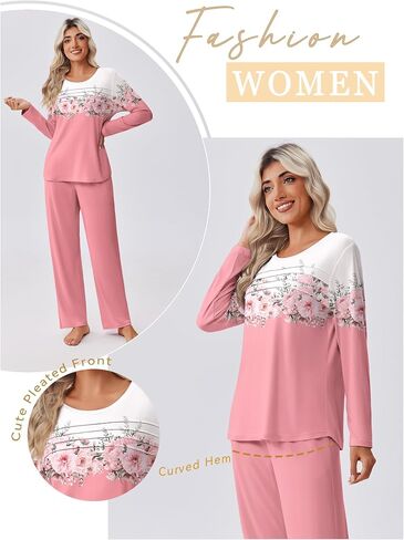 Ekouaer Womens Pajama مجموعات قمم مطوية مع صالة السراويل الطويلة مجموعة الأكمام طويلة السقوط سقوط السيدات PJS S-XXL in Kuwait