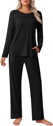 Ekouaer Womens Pajama مجموعات قمم مطوية مع صالة السراويل الطويلة مجموعة الأكمام طويلة السقوط سقوط السيدات PJS S-XXL in Saudi Arabia