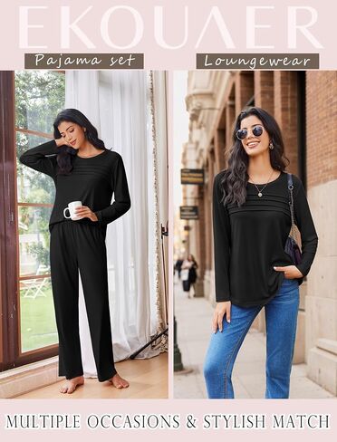 Ekouaer Womens Pajama مجموعات قمم مطوية مع صالة السراويل الطويلة مجموعة الأكمام طويلة السقوط سقوط السيدات PJS S-XXL in Saudi Arabia