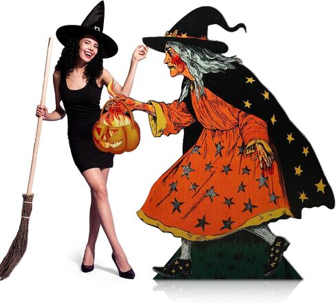 Bucherry 5 Feet Vintage Halloween Party Decoration Witch with Pumpkin Cardboard Cutout Stand up Large Witch and Moon Photo Props Backdrop Standup for Vintage Halloween Party Decor in Saudi Arabia