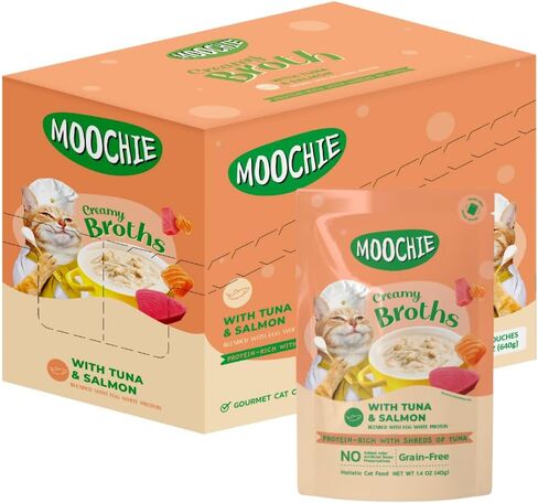 MOOCHIE Creamy Broth Seafood Multipack Cat Broth - Grain-Free, Real Salmon, Shrimp, Kanikama - No Artificial Flavors or Preservatives - 1.4oz x 16 Pouches in Saudi Arabia
