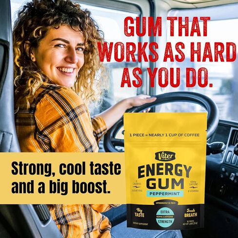 Viter Energy 60mg الكافيين العلكة (نكهة النعناع ، 30 قطعة) - خالية من السكر ، فيتامين B3 ، B6 ، B9 ، B12 ، السعرات الحرارية صفر ، مضغ الطاقة الكافيين ، ملحق التركيز nootropic للرجال والنساء in Saudi Arabia