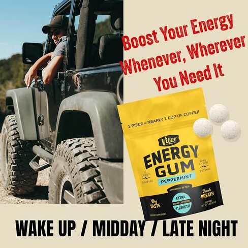 Viter Energy 60mg الكافيين العلكة (نكهة النعناع ، 30 قطعة) - خالية من السكر ، فيتامين B3 ، B6 ، B9 ، B12 ، السعرات الحرارية صفر ، مضغ الطاقة الكافيين ، ملحق التركيز nootropic للرجال والنساء in Saudi Arabia