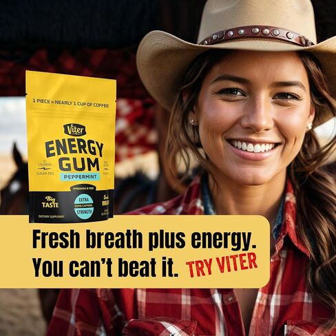 Viter Energy 60mg الكافيين العلكة (نكهة النعناع ، 30 قطعة) - خالية من السكر ، فيتامين B3 ، B6 ، B9 ، B12 ، السعرات الحرارية صفر ، مضغ الطاقة الكافيين ، ملحق التركيز nootropic للرجال والنساء in Saudi Arabia