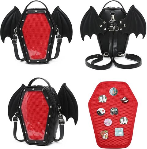 CHERRY SAUCE Gothic Coffin Shape Fashion Ita Bag Backpack Halloween Shoulder Bag, Detachable wings Purses Handbags in Saudi Arabia