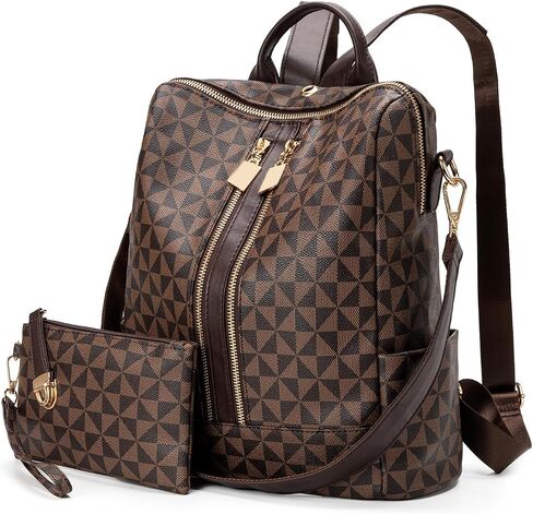 Fashion Backpack Purse for Women Designer Convertible Travel Backpack PVC Shoulder Bag with Wallet (Checkered Brown-1) in Kuwait
