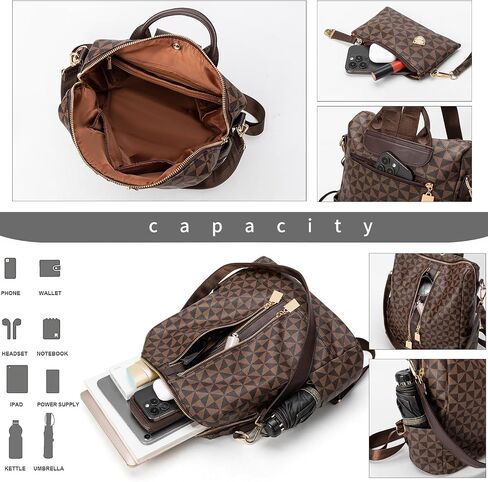 Fashion Backpack Purse for Women Designer Convertible Travel Backpack PVC Shoulder Bag with Wallet (Checkered Brown-1) in Kuwait