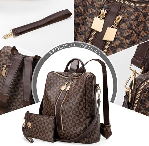 Fashion Backpack Purse for Women Designer Convertible Travel Backpack PVC Shoulder Bag with Wallet (Checkered Brown-1) in Kuwait