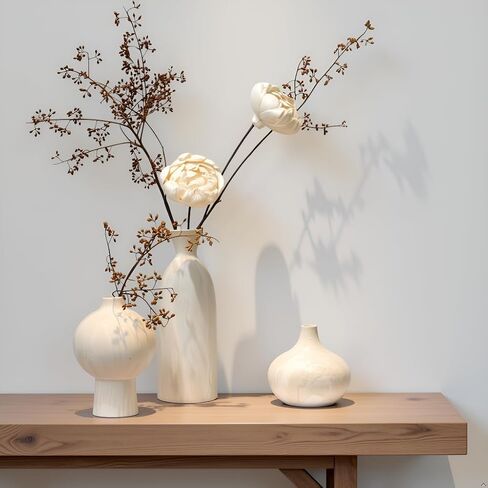 White Ceramic Vase Set of 3 with Stone Texture, Modern Minimalist Pottery Vases for Dried Flowers, Pampas Grass, Rustic Farmhouse & Aesthetic Home Decor for Living Room, Bedroom, Kitchen in Saudi Arabia