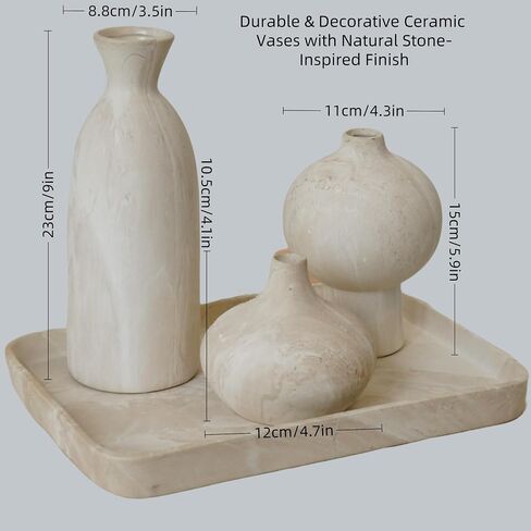 White Ceramic Vase Set of 3 with Stone Texture, Modern Minimalist Pottery Vases for Dried Flowers, Pampas Grass, Rustic Farmhouse & Aesthetic Home Decor for Living Room, Bedroom, Kitchen in Saudi Arabia