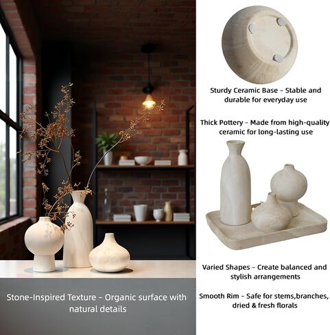 White Ceramic Vase Set of 3 with Stone Texture, Modern Minimalist Pottery Vases for Dried Flowers, Pampas Grass, Rustic Farmhouse & Aesthetic Home Decor for Living Room, Bedroom, Kitchen in Saudi Arabia
