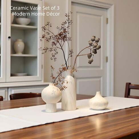 White Ceramic Vase Set of 3 with Stone Texture, Modern Minimalist Pottery Vases for Dried Flowers, Pampas Grass, Rustic Farmhouse & Aesthetic Home Decor for Living Room, Bedroom, Kitchen in Saudi Arabia