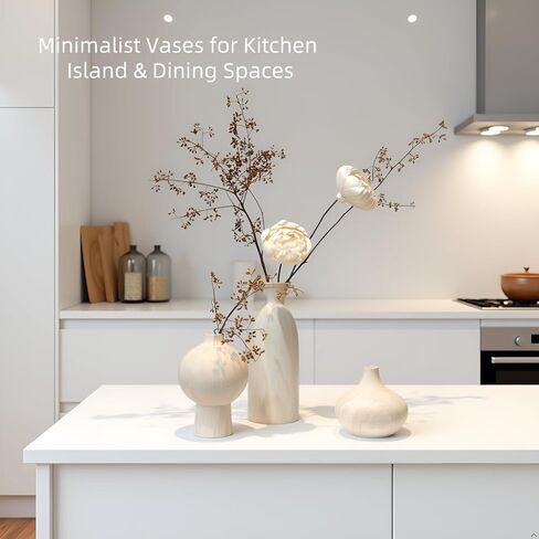 White Ceramic Vase Set of 3 with Stone Texture, Modern Minimalist Pottery Vases for Dried Flowers, Pampas Grass, Rustic Farmhouse & Aesthetic Home Decor for Living Room, Bedroom, Kitchen in Saudi Arabia