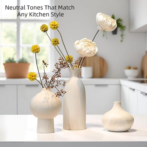 White Ceramic Vase Set of 3 with Stone Texture, Modern Minimalist Pottery Vases for Dried Flowers, Pampas Grass, Rustic Farmhouse & Aesthetic Home Decor for Living Room, Bedroom, Kitchen in Saudi Arabia