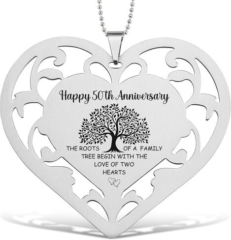 50th Anniversary Ornament - Stainless Steel Heart with Engraved Family Tree, Golden Wedding Hanging Keepsake, Romantic 50 Year Marriage Milestone Gift for Couples & Home Décor Accent - FGC479 in Kuwait